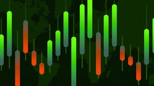 Dynamic stock market chart with green and red candlesticks on dark background