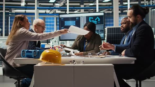 Industrial Plant Management Looking Over Paperwork and Schematics