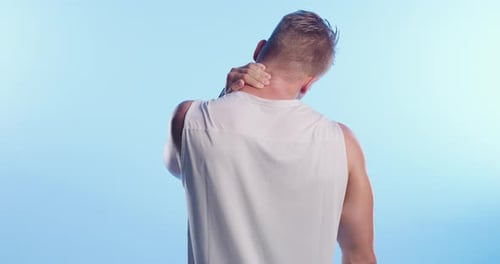Back, man and neck pain from exercise, fitness and arthritis of health, accident