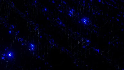 Binary matrix of blue ones and zeros rotating and flashing. Digital background concept of big data