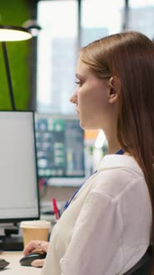 Vertical Video Female Technician Testing Generative AI Machine Learning Algorithms at Work
