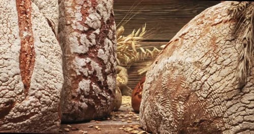 Fresh Baked Bread Still Life with Wheat Stalks