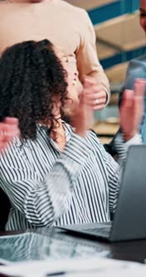 Business people, applause and woman with celebration, achievement and teamwork with kpi target