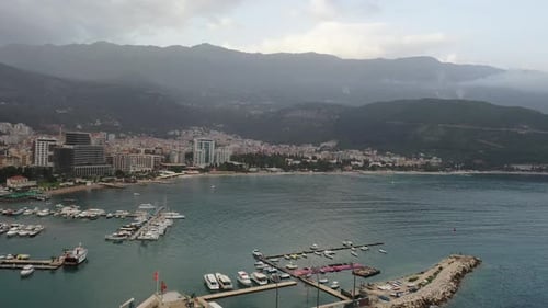 Budva is the Most Popular Resort in Montenegro Aerial View of the City Sea and Beach