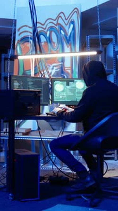 Vertical Video Hacker Leaving Secret Underground Base with SSD in Briefcase