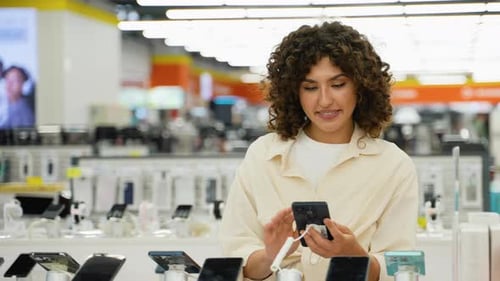 Customer Choosing Smartphone in Electronics Store on Black Friday