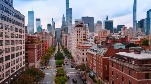 Beautiful street of New York, USA with old-style buildings.
