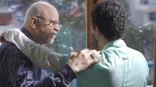 The lively and highly motivated old grandfather is having a pleasant relationship.
