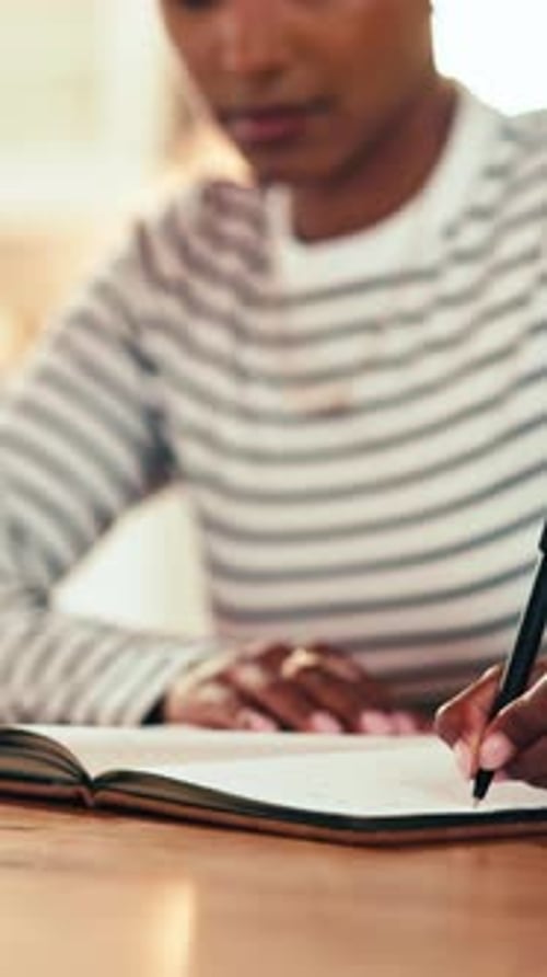 Student, woman and writing in home with notebook for college education, distance learning and study