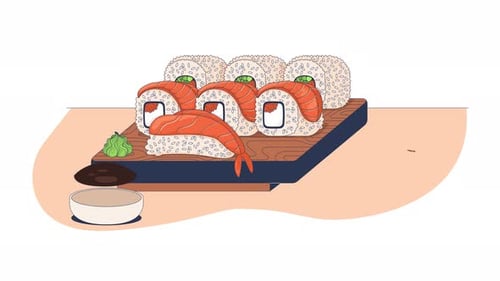 Flat Design Sushi Platter with Chopsticks Animation