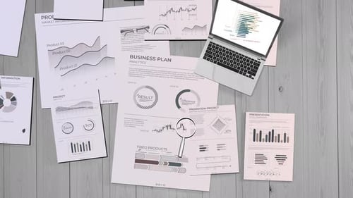 Animated Workspace with Laptop and Business Charts