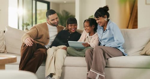 Relax, parents and children with tablet on sofa, comedy cartoon and streaming subscription