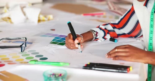 Hands, creative sketch and fashion design in office for business of fashion or style closeup