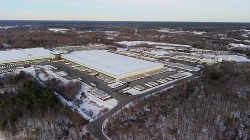 Aerial view of distribution warehouse, United States.