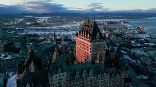 drone view over chateau Frontenac in Quebec City
