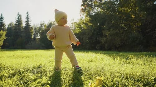 Toddler Enjoying Sunny Day in Green Park While Exploring Nature