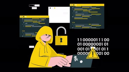 person hacking a computer with background graphics animation 4k on alpha channel