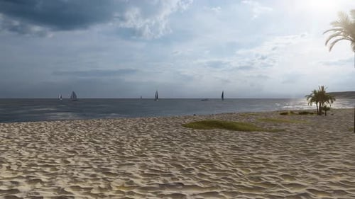 Scenic Tropical Beach With Palm Trees And Sailboats On The Horizon