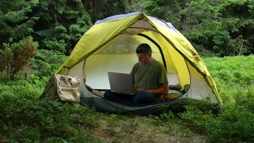 A Man Works on a Laptop in a Tourist Camp in a Beautiful Forest
