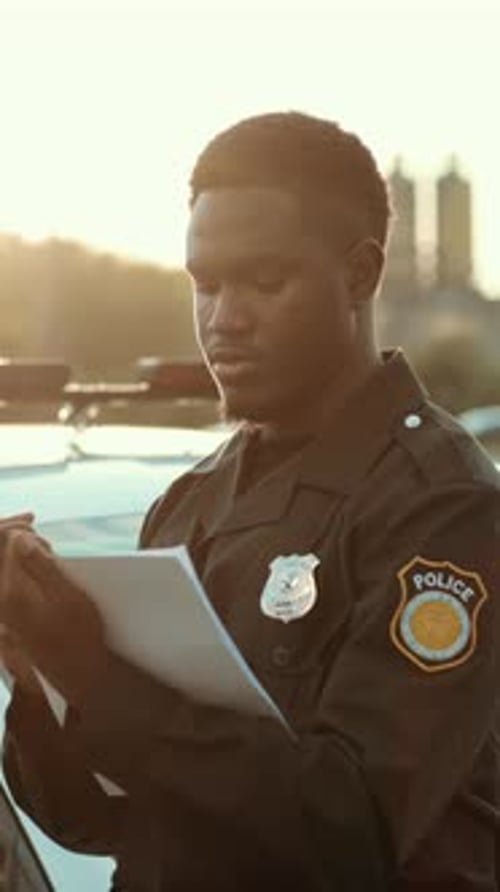 A Police Officer Diligently Writing a Report During a Beautiful Sunset in the City