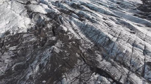 Aerial view of solheimajokull glacier and ice formations, Iceland.