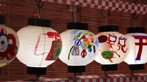 Japanese Paper Lanterns with Motifs on Checkered Rail in Kyoto