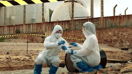 Scientists Collect Water Samples in Protective Suits