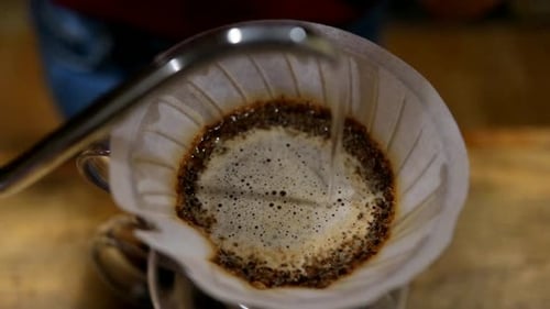 Close Up of Pouring Water Over Coffee Grounds