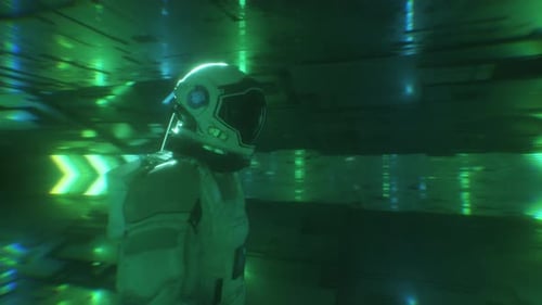 Digital Futuristic Background Of Walking Astronaut In Neon Glowing Tunnel