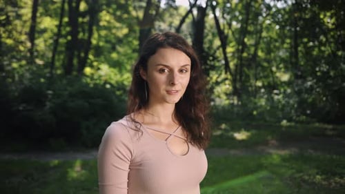 Outdoor Portrait of Smiling Girl Happy Cheerful Girl Laughing at Park Beautiful Woman Smiling