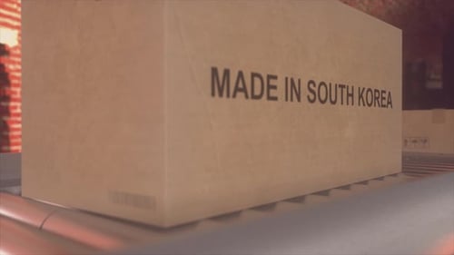 Cardboard Box With Made in South Korea Label on Conveyor Belt in Warehouse