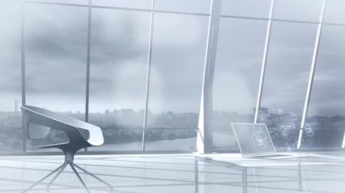 Virtual Flowchart of Cloud Data in Front of Office Laptop