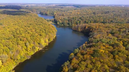 Aerial view of seasonal outdoor landscapes. Beautiful autumn river scneries.