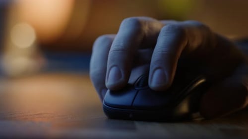 Close-up Macro Shot: Person's Hand Using Wireless Computer Mouse, Scrolls through Apps and Websites