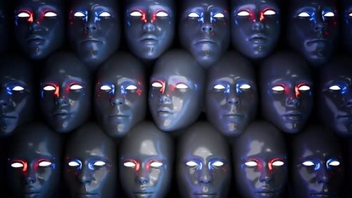 Futuristic Digital Human Faces with Pulsating Red and Blue Eyes
