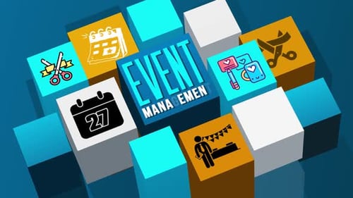 Event Management Icons and Text Reveal on Rotating Cubes