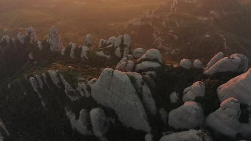 Aerial views of Montserrat peaks, a mountain range in Catalonia. Unique Montserrat mountains