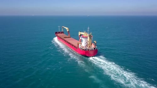 Cargo Ship at sea,Top down drone footage