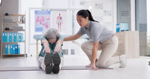 Senior Woman Stretching with Therapy Assistant