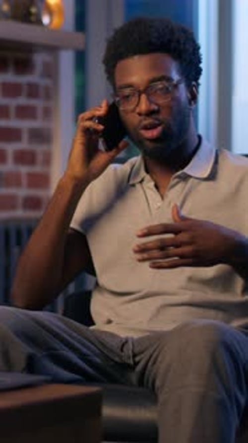 African American Business Man Call Mobile Phone Entrepreneur Businessman Overtime in Night Office