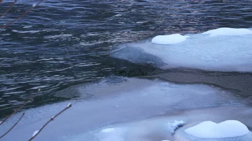 Nahaufnahme eines Flusses mit Eis und Schnee