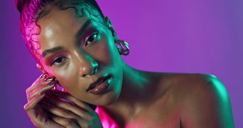 Girl, face and neon in studio for beauty, makeup and cosmetics with cyberpunk aesthetic