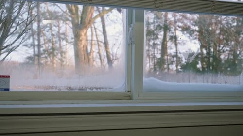 Condensed Ice Bubbles on Old Windows at Home Cold Winter Time Wide Shot