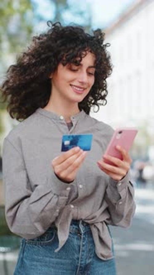 Caucasian Woman Using Credit Bank Card Smartphone While Transferring Money Purchases Online Shopping