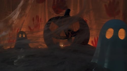 Spooky Halloween Holiday Decorations with Pumpkins and Ghosts