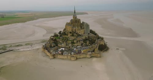 Aerial View Castle in the Water Mont Saint Michel Located in the Bay Where Normandy and Brittany
