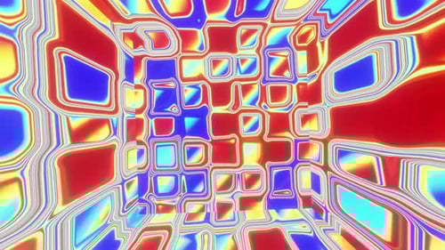 Multicolored psychedelic cube with sparkling rectangle segments as a looping background 3d render