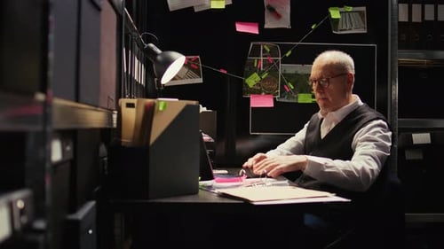 Man Working Late Night at Desk in Records Room