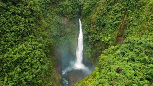 Tall waterfall cascades into rocky pool surrounded by lush green rainforest