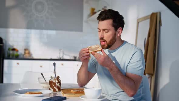 Breakfast Guy Making Sandwich at Light Kitchen Closeup Hungry Man ...